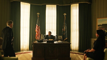Devon Sawa as President Collins sits in the Oval Office in Chucky 301