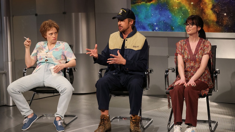 Kate McKinnon, Ryan Gosling, and Sarah Sherman during the "Close Encounter" Cold Open on Saturday Night Live Episode 1861, on April 13, 2024.