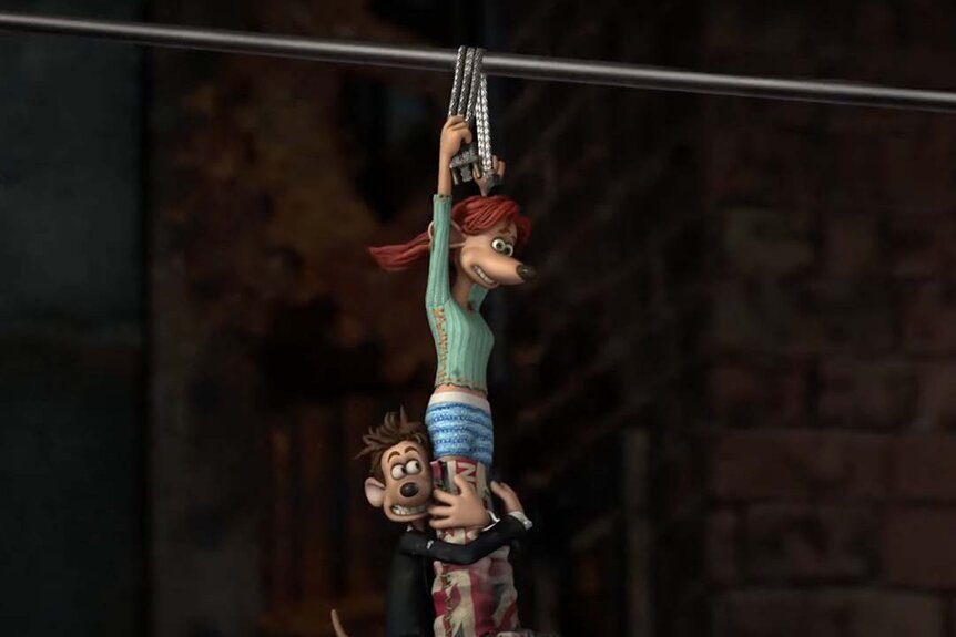 Roddy (Hugh Jackman) hanging onto Rita (Kate Winslet) on a zipline in Flushed Away (2006)
