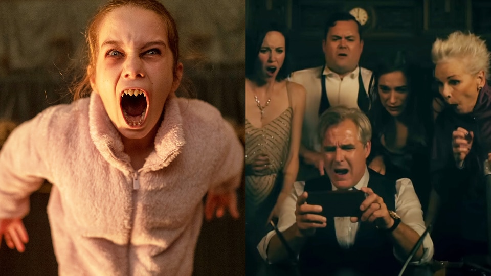 A split featuring Abigail (Alisha Weir) in Abigail (2024) and the cast of Ready or Not (2019).