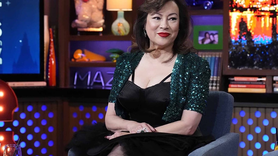 Jennifer Tilly smiles on Watch What Happens Live with Andy Cohen.