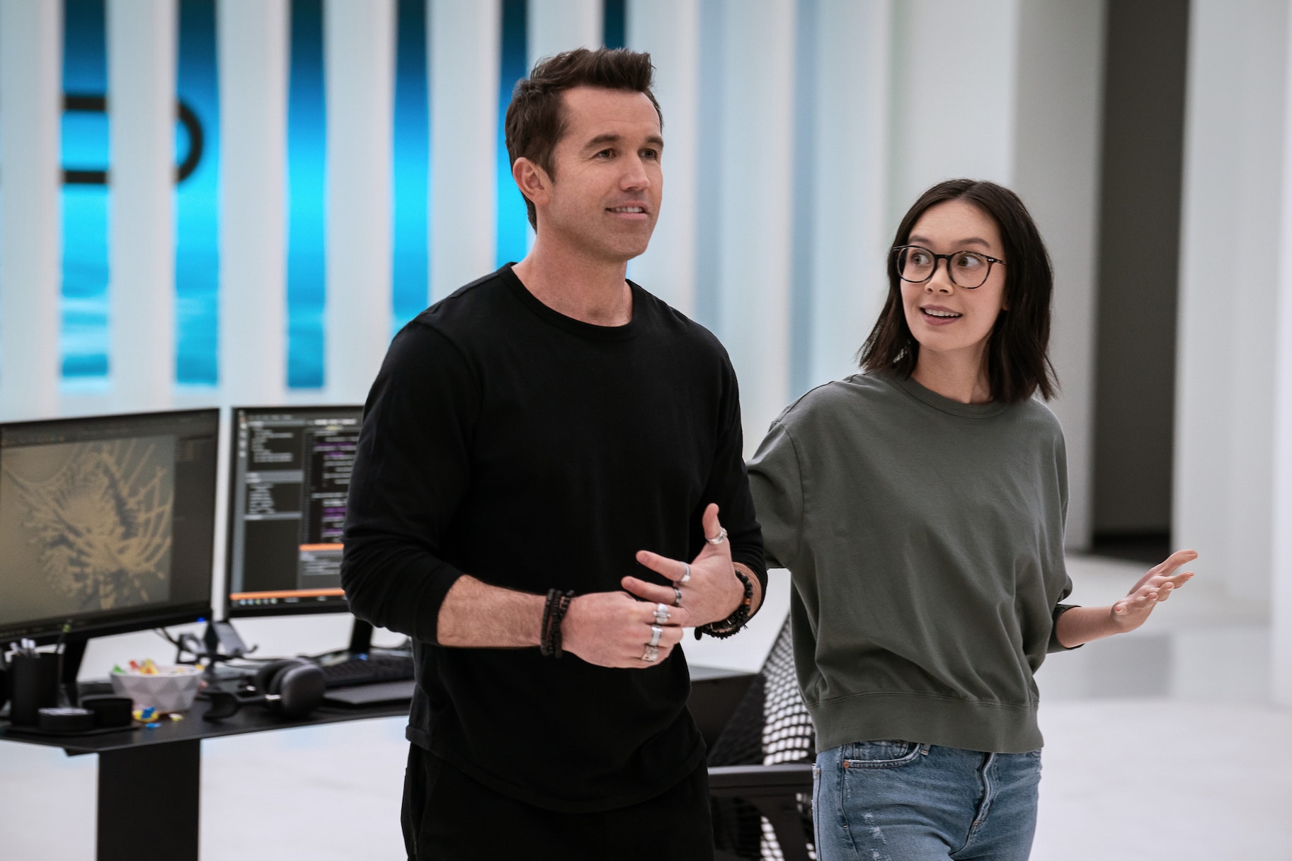 Rob McElhenney and Charlotte Nicdao in Mythic Quest Season 1 Episode 2