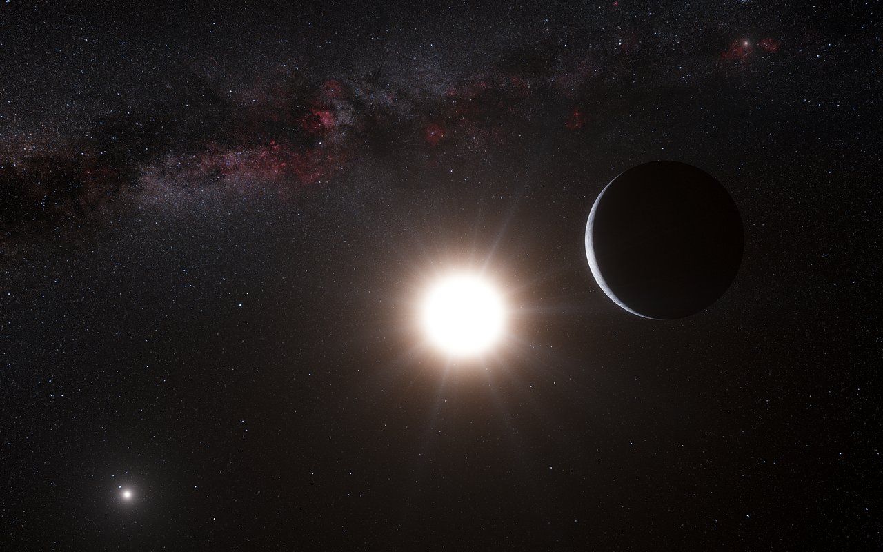 Artwork depicting a planet orbiting Alpha Centauri A. Credit: ESO/L. Calçada