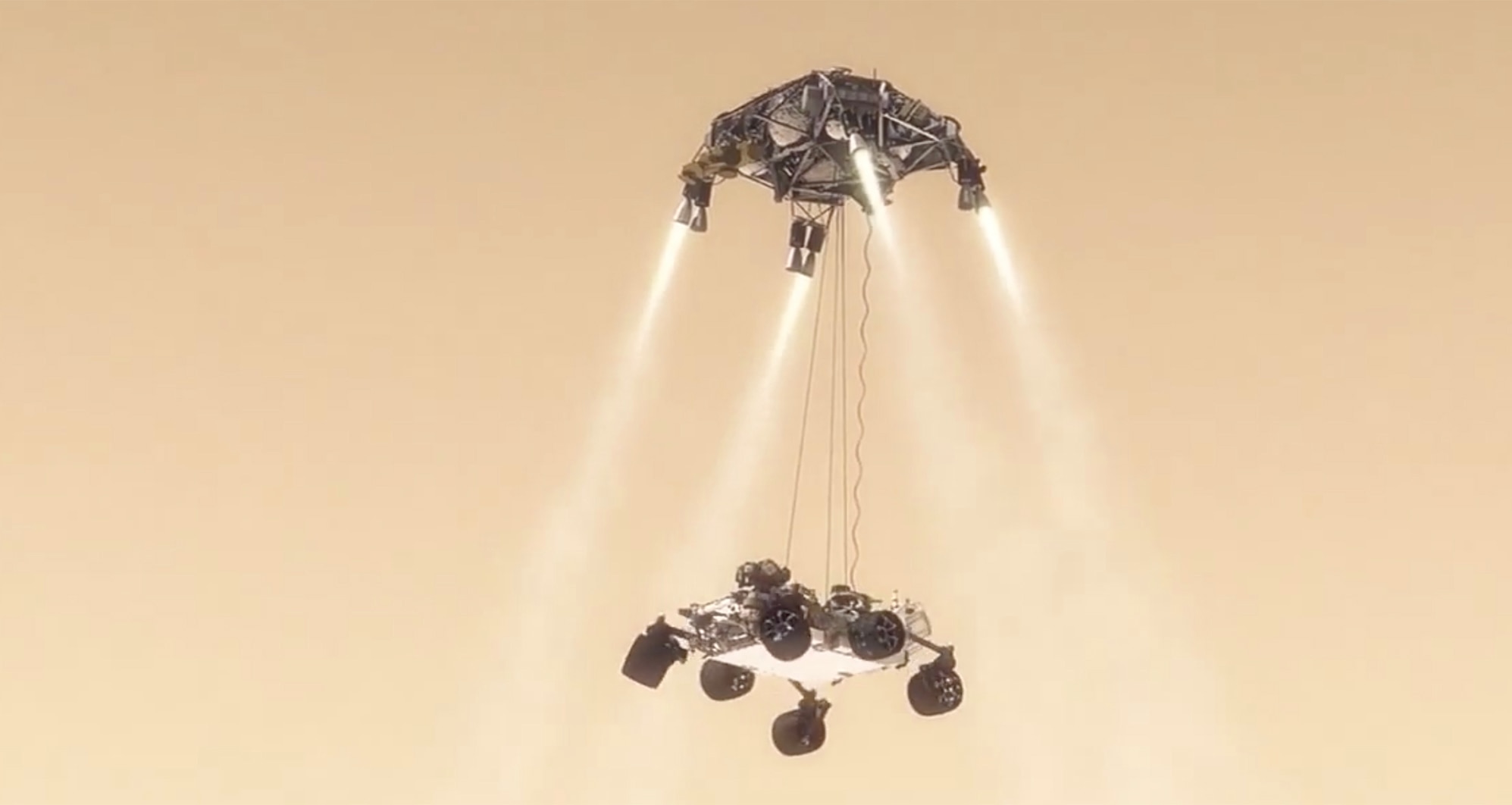 Curiosity suspended beneath the skycrane as it descends toward Mars. Frame from the animation "Seven Minutes of Terror". Credit: NASA / JPL 