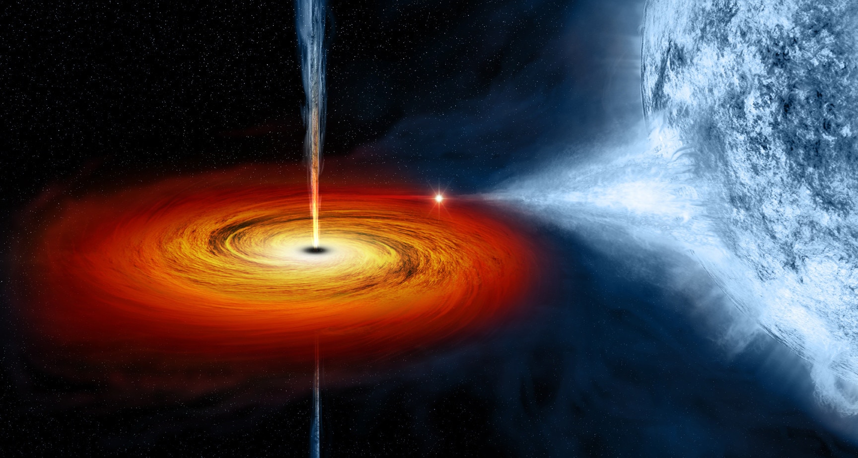 Artwork depicting a black hole drawing material off its massive blue stellar companion. Credit: NASA/CXC/M.Weiss
