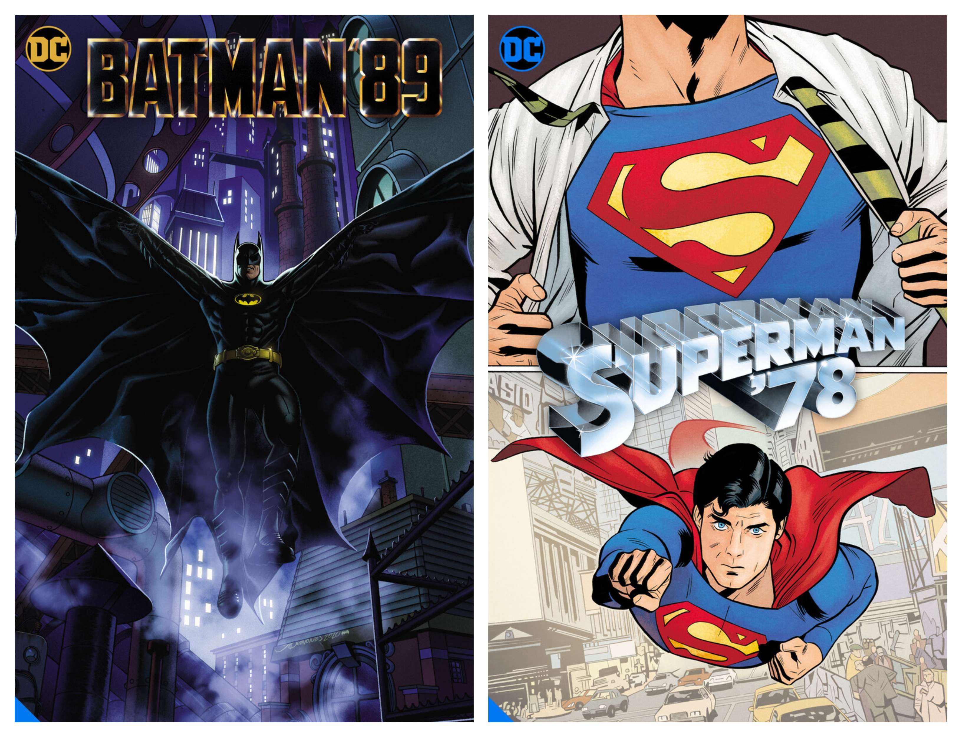 Batman '89 and Supermn '78 comic book covers