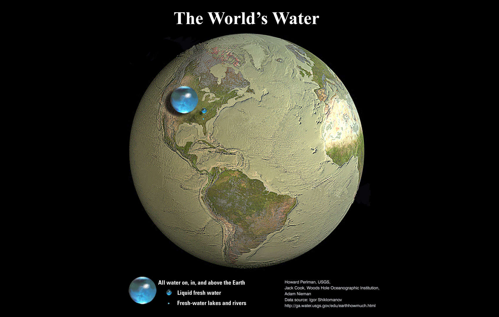 Art depicting the Earth if all the water were gathered up into one enormous drop. Credit: Howard Perlman, Hydrologist, USGS, Jack Cook, Woods Hole Oceanographic Institution, Adam Nieman, Igor Shiklamonov