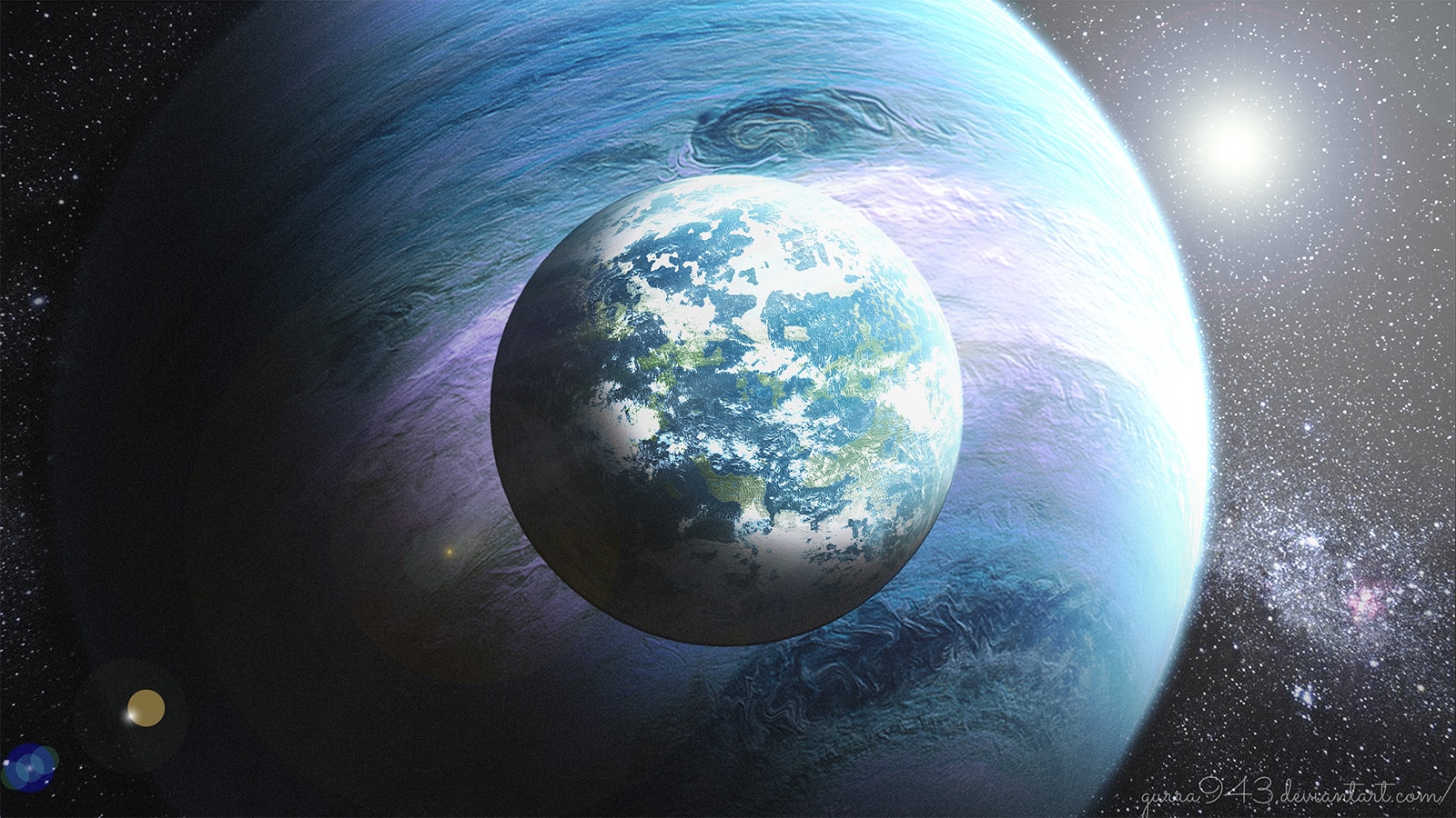 Artwork depicting a gas giant exoplanet with a terrestrial moon. Credit: NASA / Gurra943 on DeviantArt