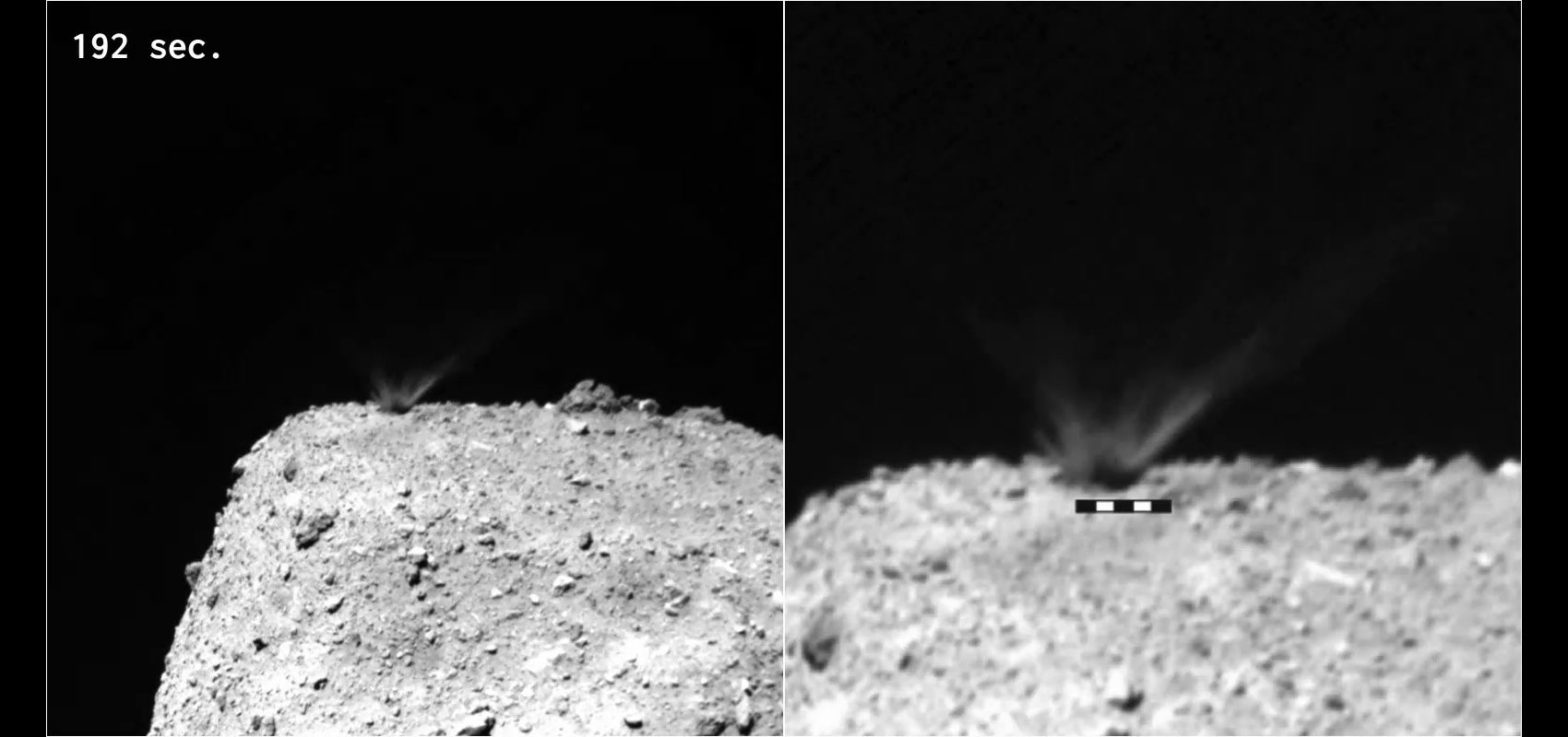 192 seconds after the impact of a slug shot by Hayabusa2 a crater forms on the asteroid Ryugu. Credit: Arakawa et al.