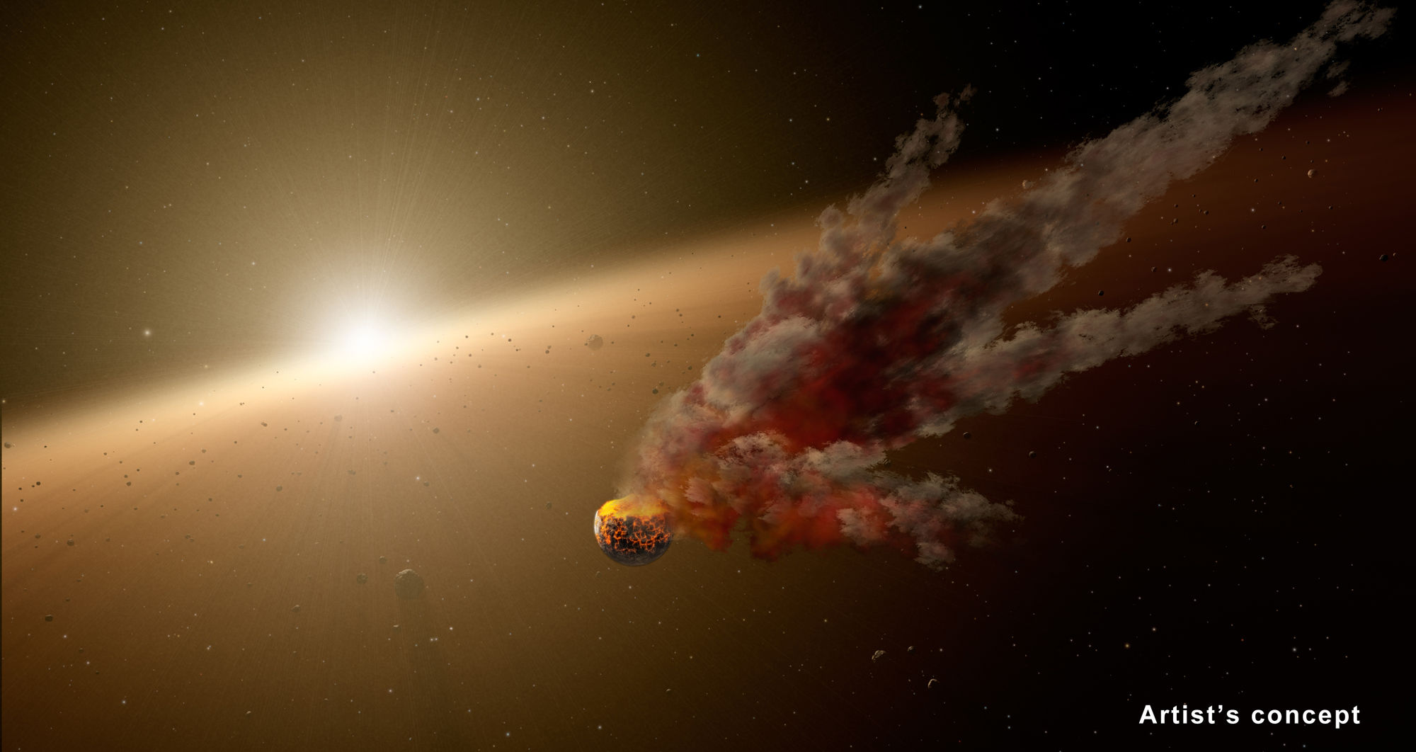 Artist’s illustration of a planetesimal collision in a young star system. Credit: NASA/JPL-Caltech