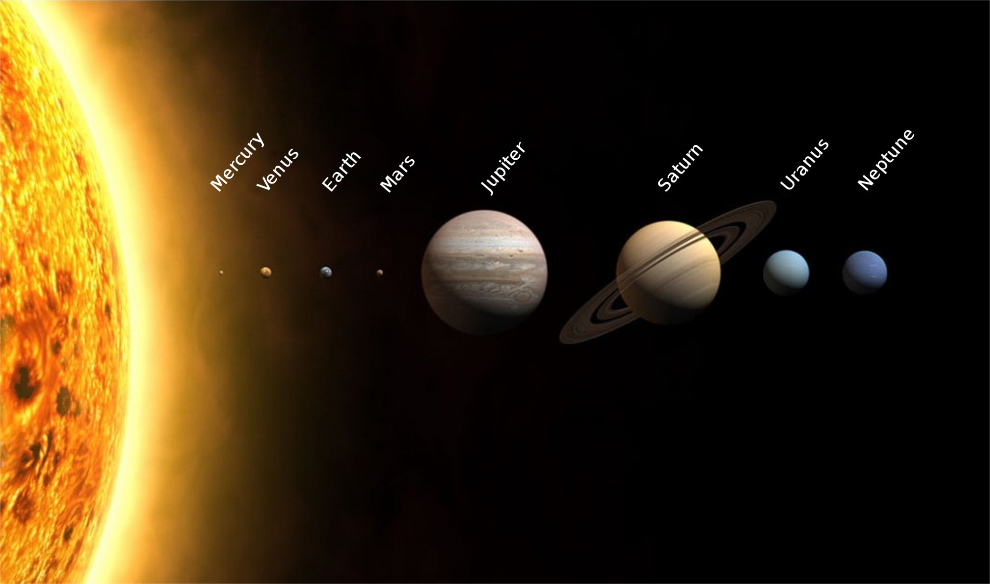 The solar system, with object sizes to scale, but not the distances. Credit: Wikipedia / WP / PlanetUser