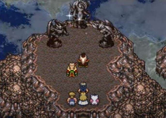 An image of a Final Fantasy adventuring party in front of three statues