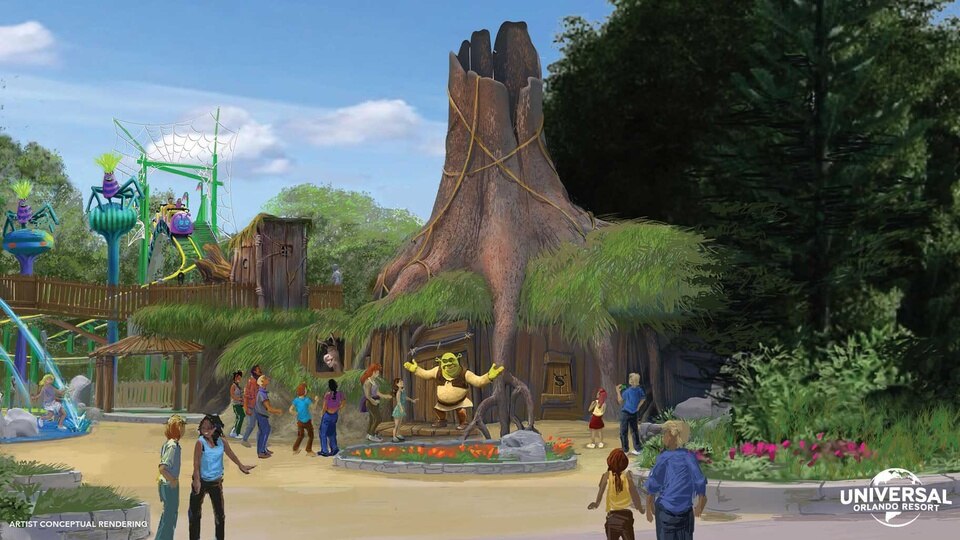 An artists rendering of Shreks Swamp Meet At Dreamworks Land At Universal Orlando Resort