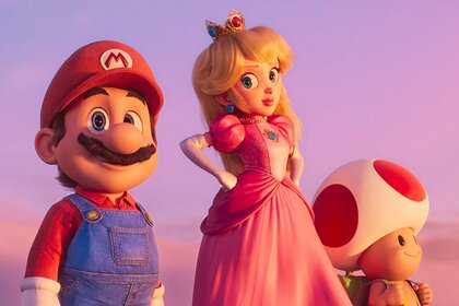 (from left) Mario, Princess Peach, and Toad in The Super Mario Bros. Movie (2023)
