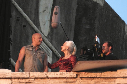 Vin Diesel and Helen Mirren are seen filming "Fast X" on July 18, 2022 in Rome, Italy