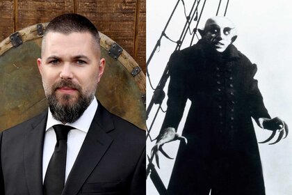 A side by side of Robert Eggers at a red carpet premiere and a still of the vampire from 1921's Nosferatu
