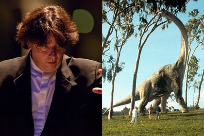 A split screen image of Constantine Kitsopoulos and a brontosaurus from Jurassic Park (1993)