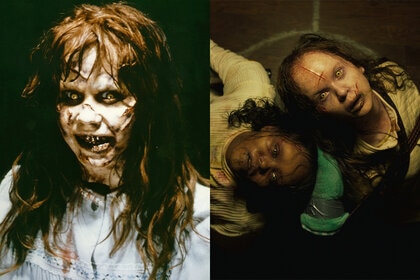 A split screen image featuring Linda Blair in The Exorcist (2023); and (L-R) Angela Fielding (Lidya Jewett) and Katherine (Olivia Marcum) in The Exorcist: Believer (2023)