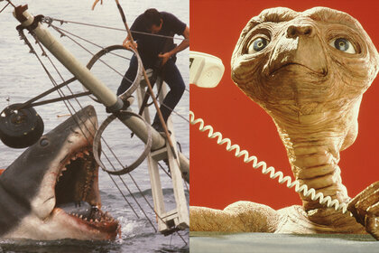 A split screen image featuring Jaws (1975) and ET (1982)