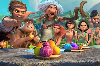 Ugga ,Thunk, Gran, Eep, Guy, Hope, and Dawnphil are ready to fight in The Croods Family Tree Season 7