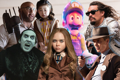 A collage featuring (L-R; T-B) Leonard (Dave Bautista) and Wen (Kristen Cui) from Knock at the Cabin (2023); Luigi (Charlie Day) in The Super Mario Bros. Movie (2023); Dante (Jason Momoa) in Fast X (2023); Dracula (Nicolas Cage) in Renfield (2023); M3GAN in M3GAN (2023); and J. Robert Oppenheimer (Cillian Murphy) in Oppenheimer (2023).