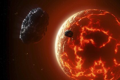 Asteroids approach a lava planet.