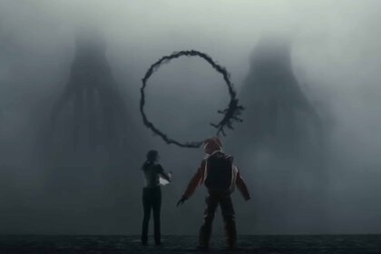 Circular alien language floats above two humans and in front of two aliens.