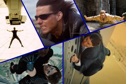 A collage of Tom Cruise in the first five Mission Impossible movies.