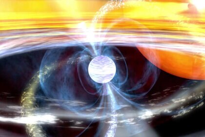 Artwork depicting a millisecond pulsar, sped up to phenomenal rotation rates by material it's eating from its companion star. Credit: NASA / GSFC SVS / Dana Berry