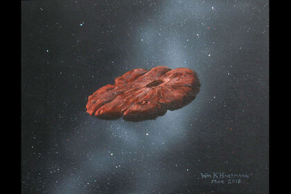 Artwork depicting the interstellar object ‘Oumuamua, which may be a flattened pancake of nitrogen ice. Credit: William Hartmann 