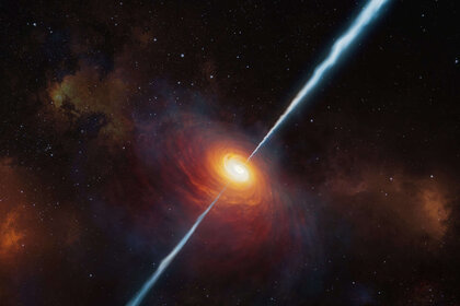 Artwork depicting a distant quasar, an actively feeding supermassive black hole in the center of a galaxy, blasting out jets of matter and energy. Credit: ESO/M. Kornmesser
