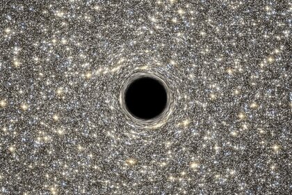 Artwork showing a quiet black hole against a starry background. Credit: NASA, ESA, D. Coe, G. Bacon (STScI)