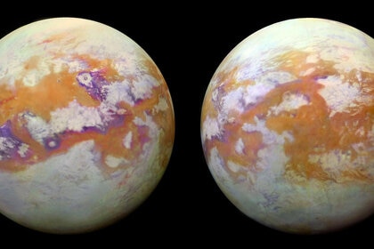 Spectacular maps of the surface of Saturn’s huge moon Titan crated using infrared images from Cassini that can see the surface through the thick atmospheric haze. Credit: NASA/JPL-Caltech/University of Nantes/University of Arizona