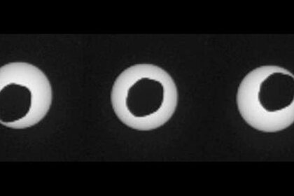 The rover Curiosity took this series of images of the Martian moon Phobos transiting the Sun. Credit: NASA/JPL-Caltech/Malin Space Science Systems/Texas A&M Univ.