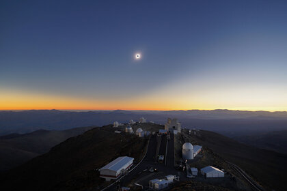 The total solar eclipse of July 2, 2019 over the ESO’s La Silla astronomical observatory in Chile. You can see the shadow of the Moon on the sky itself, a lopsided curve due to perspective. The “star” to the lower left is actually the planet Venus. 