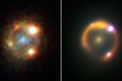 The giant Keck telescope got a similar view of the lensed supernova iPTFgeu in the infrared (right) versus Hubble (left). Credit: NASA/ESA/Hubble & W. M. Keck Observatory