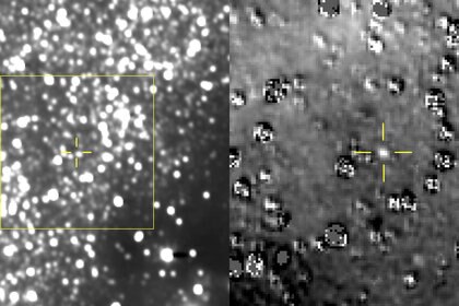 On August 16, 2018, the New Horizons spacecraft took an image of the star field where its target 2014 MU69 was predicted to be (left). On the right is the processed image showing the object. Credit: NASA/Johns Hopkins University Applied Physics Laboratory