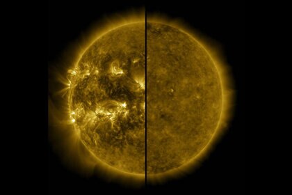 X-ray images of the Sun look very different when it’s active (April 2014, left) and when it’s quiet (December 2019, right). Credit: NASA / SDO