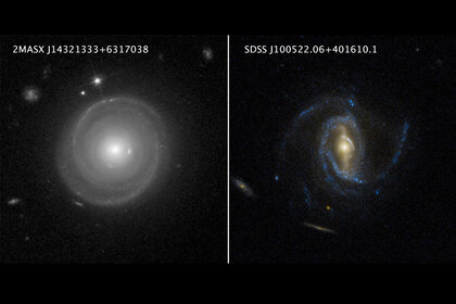 Super spirals are huge spiral galaxies far larger and more massive than the Milky Way. Credit: NASA, ESA, P. Ogle and J. DePasquale (STScI). Bottom row: SDSS, P. Ogle and J. DePasquale (STScI)