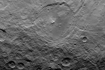 A wide view of the 163-kilometer crater Urvara on Ceres. 