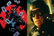 A split featuring an illustration of Lobster Johnson and Thomas Haden Church as Lobster Johnson in Hellboy (2019).