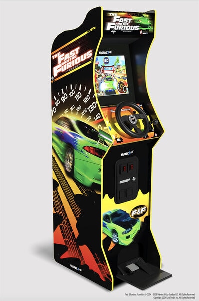 A product shot showing a Fast & the Furious arcade game from a side angle