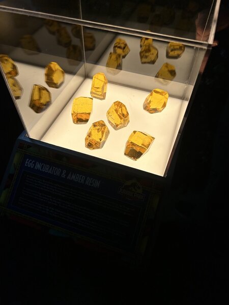 Egg incubator and amber resin at the Jurassic Park 30 Year Anniversary Activation