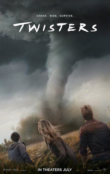 Three people watch as a large tornado approaches on the Twister (2024) poster.