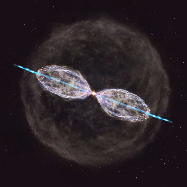 Artwork depicting the overall structure of W43A: A bubble of gas expanding away from the when the star was in the early stages of dying, the bipolar nebula, and the jets of gas blasting through it all. Credit: NOAJ
