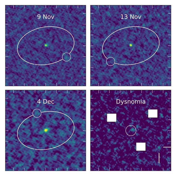 ALMA observations of Eris and Dysnomia don’t clearly show the moon, but when shifted using its predicted positions so that it appears in the middle in a stacked frame, it does seem to show up, if faintly. Credit: Brown and Butler
