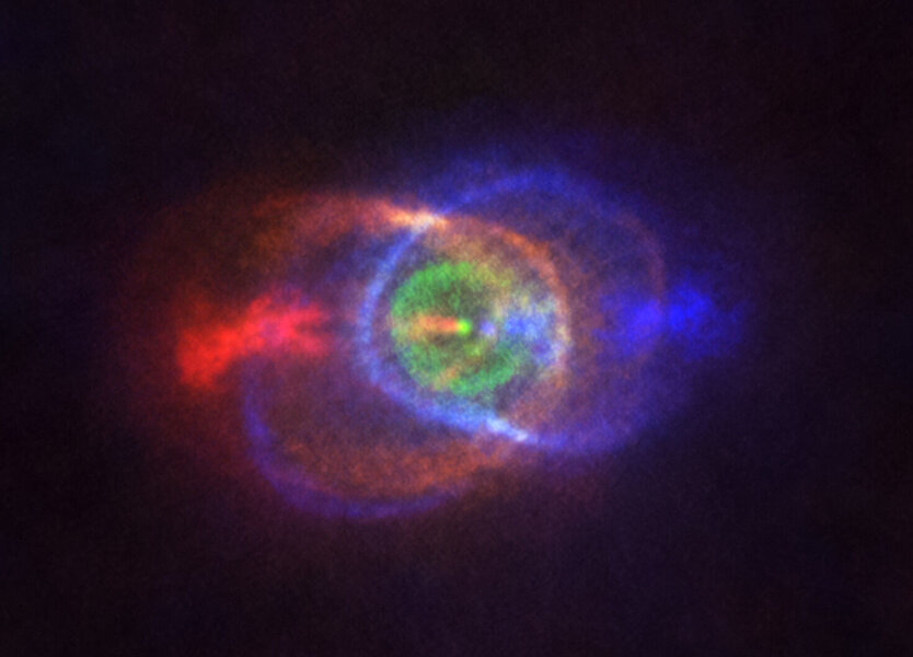 Gas ejected from the binary star system HD 101584 forms an overall hourglass-shaped nebula. Colors represent velocities: Red is away from us, blue toward us, and green neither toward nor away. Credit: ALMA (ESO/NAOJ/NRAO), Olofsson et al.