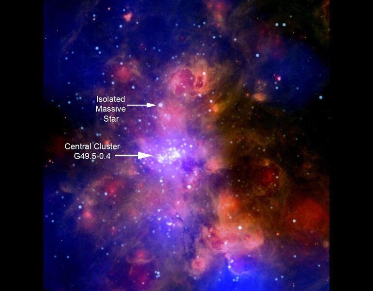 X-ray observations (purple) combined with infrared (orange) show massive young stars in the nebula W51, which can form in isolated spots or in huge clusters (indicated). Credit: X-ray: NASA/CXC/PSU/L.Townsley et al; Infrared: NASA/JPL-Caltech