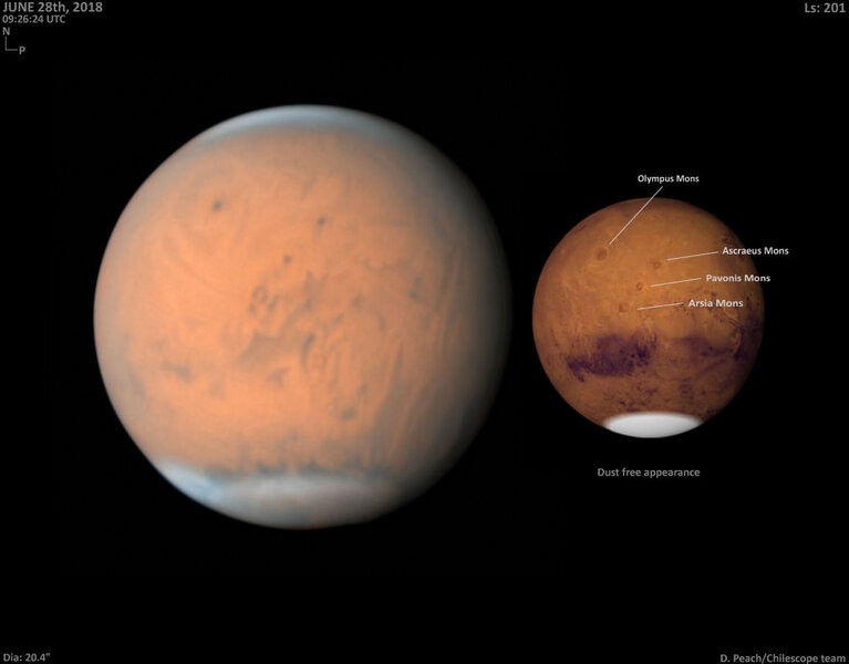 Mars on June 28, 2018, shows the extent of the storm. The peak of Olympus Mons (at 25 km high!) shows over it, as well as other volcanoes, while other features are hard to distinguish (a map on the right provides context). Credit: Damian Peach