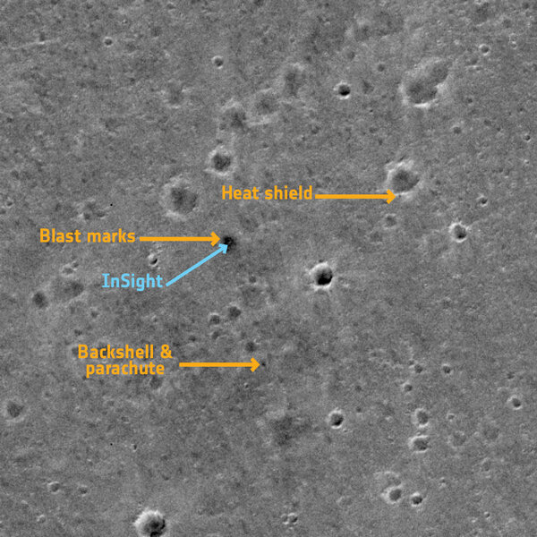 The landing site for NASA Mars InSight was spotted by the ESA/Roscosmos Trace Gas Orbiter. Credit: ESA/Roscosmos/CaSSIS, CC BY-SA 3.0 IGO